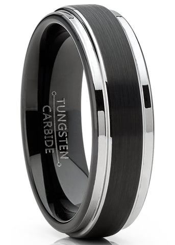 Mens Tungsten Wedding Band Black Ring Silvertone Comfort-Fit 6MM Sizes 5-13