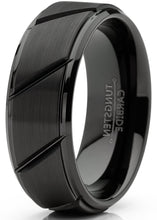 Mens Tungsten Ring Black Grooved Wedding Band Beveled Edges Comfort-fit 8MM