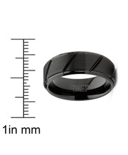 Mens Tungsten Ring Black Grooved Wedding Band Beveled Edges Comfort-fit 8MM