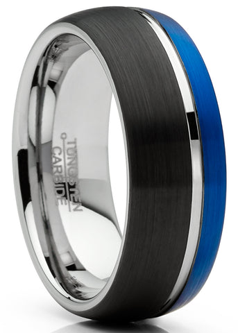 Mens Tungsten Ring Dome Wedding Band Groove Black Blue Silver Comfort-fit 8MM