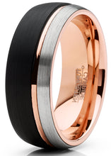 Mens Tungsten Ring Dome Wedding Band Tri-Color Groove Rose Goldtone Black Comfort-fit 8MM