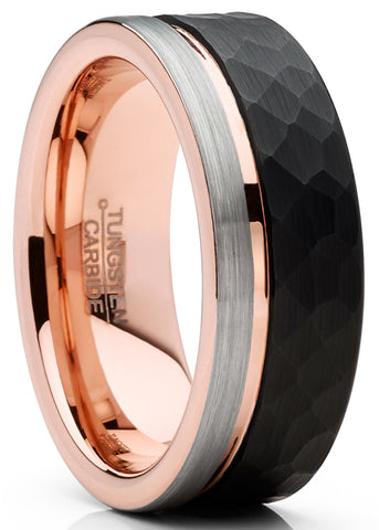 Mens Tungsten Wedding Band Ring Tri-Color Groove Rose Goldtone Comfort-fit 8MM