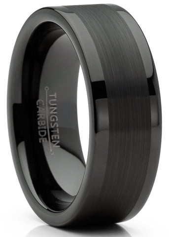 Mens Tungsten Ring Black Wedding Band High-Polish Comfort-fit 8MM