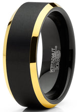 Mens Tungsten Ring Black Goldtone Wedding Band Beveled Edges Comfort-fit 8MM