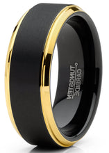 Mens Tungsten Ring Wedding Band Beveled Edges Comfort-fit Black Goldtone 8MM