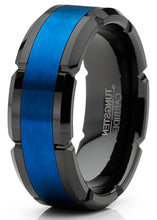 Mens Tungsten Ring Grooved Wedding Band Black Blue Comfort-fit 8MM