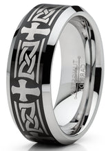 Men's Tungsten Ring Christian Cross Celtic Wedding Band Laser Etched Black 8MM 7-15