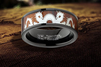 Men's Black Tungsten Dragon Ring Wedding Band Wood Inlay 8MM 7-13