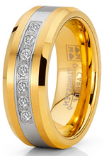 Men's Goldtone Tungsten Carbide Steel Ring Wedding Band Cubic Zirconia 8MM