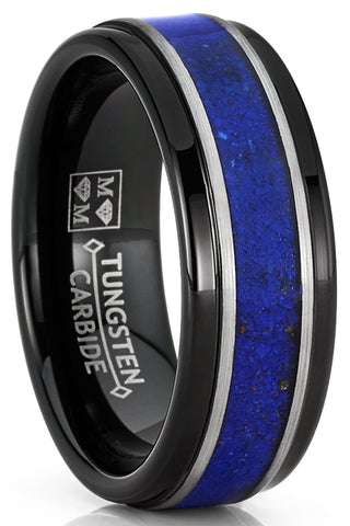 Men's Tungsten Ring Blue Lapis Lazuli Gemstone Inlay Wedding Band Comfort-Fit 8MM