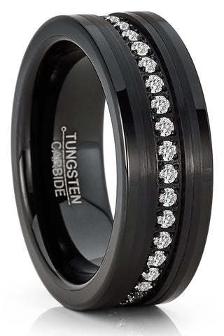 Mens Tungsten Ring Black Eternity Wedding Band Cubic-Zirconia Comfort-fit 8MM