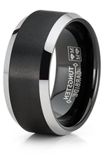 Mens Tungsten Carbide Ring Black Two-Tone Brushed Wedding Band Comfort-fit 10MM