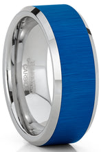 Mens Tungsten Carbide Ring Blue Plated Horizontal Brush Wedding Band  Comfort-fit 8MM