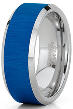 Mens Tungsten Carbide Ring Blue Plated Horizontal Brush Wedding Band  Comfort-fit 8MM