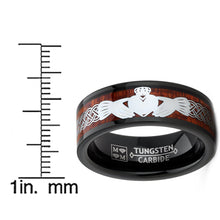 Men's Tungsten Irish Celtic Claddagh Wedding Band Wood Inlay 8MM Black