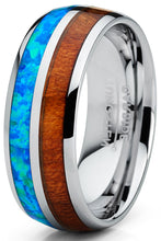 Men's Tungsten Carbide Wedding Band Ring Blue Opal Real Koa Wood Inlay Comfort-Fit 8MM