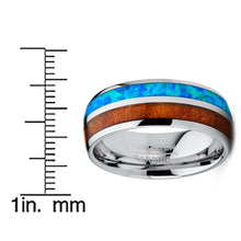 Men's Tungsten Carbide Wedding Band Ring Blue Opal Real Koa Wood Inlay Comfort-Fit 8MM