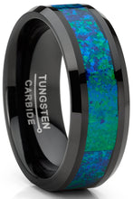 Men's Black Tungsten Carbide Wedding Band Ring Blue Green Simulated Crushed Opal 8MM