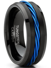 Men's Blue Cable Inlay Tungsten Ring Black Wedding Band 8MM Sizes 7-15