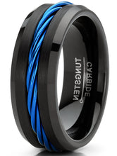 Men's Blue Cable Inlay Tungsten Ring Black Wedding Band 8MM Sizes 7-15