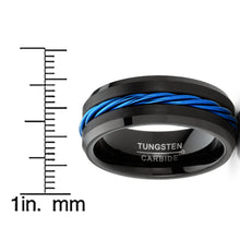 Men's Blue Cable Inlay Tungsten Ring Black Wedding Band 8MM Sizes 7-15