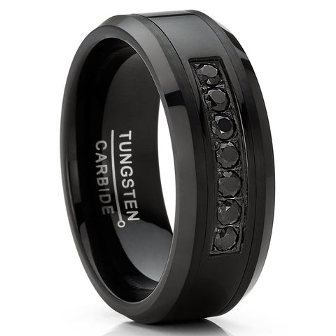 Mens Tungsten Ring Black Stainless Steel Wedding Band 7 Round Cubic Zirconia 8MM