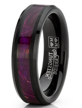Women's Tungsten Ring Purple Fuchsia Wood Inlay Wedding Band Black 6MM