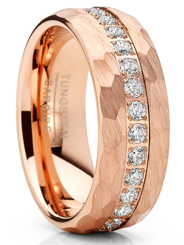 Men Tungsten Rose Goldtone Wedding Band Hammered Eternity Ring CZ Comfort-Fit