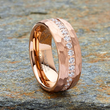 Men Tungsten Rose Goldtone Wedding Band Hammered Eternity Ring CZ Comfort-Fit