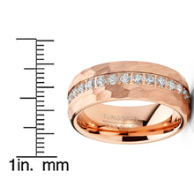 Men Tungsten Rose Goldtone Wedding Band Hammered Eternity Ring CZ Comfort-Fit