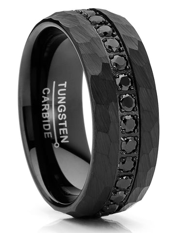 Men Tungsten Black Wedding Band Hammered Eternity Ring CZ Comfort-Fit 8MM