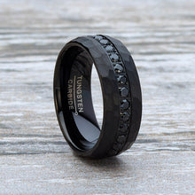 Men Tungsten Black Wedding Band Hammered Eternity Ring CZ Comfort-Fit 8MM
