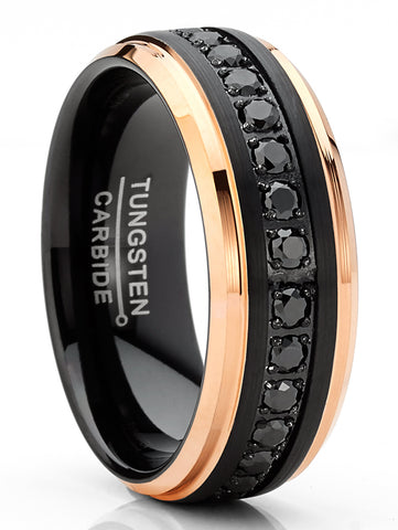 Men Tungsten Two-Tone Wedding Band Black Rosegold-tone Eternity Ring CZ Comfort-Fit