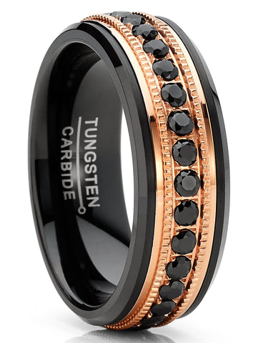 Men Tungsten Black & Rose Goldtone Wedding Band Hammered Eternity Ring CZ Comfort-Fit