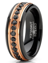 Men Tungsten Black & Rose Goldtone Wedding Band Hammered Eternity Ring CZ Comfort-Fit