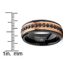 Men Tungsten Black & Rose Goldtone Wedding Band Hammered Eternity Ring CZ Comfort-Fit