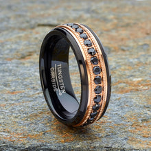 Men Tungsten Black & Rose Goldtone Wedding Band Hammered Eternity Ring CZ Comfort-Fit