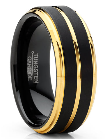 Men Tungsten Two-Tone Wedding Band Grooved Ring 8MM Black Goldtone Silvertone