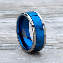 Men Tungsten Blue Wedding Band Hammered Ring Comfort-Fit 8MM Silvertone