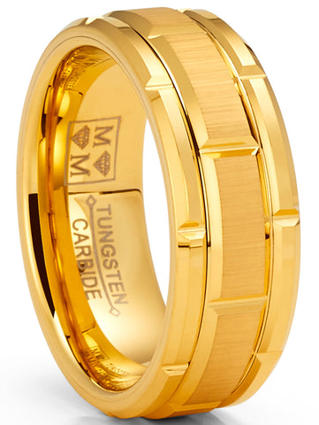 Mens Tungsten Carbide Brick Pattern Wedding Band Engagement Ring 8MM Goldtone