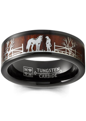 Black Tungsten Horse Equestrian Ring Wedding Band Wood Rancher Stallion Brown