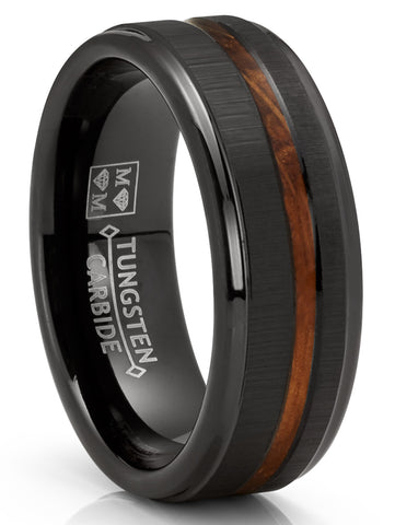 Whiskey Barrel Oakwood Horizontal Brushed Tungsten Carbide Ring Wedding Band Black Inlay 8MM