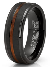 Whiskey Barrel Oakwood Horizontal Brushed Tungsten Carbide Ring Wedding Band Black Inlay 8MM