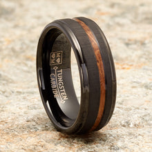 Whiskey Barrel Oakwood Horizontal Brushed Tungsten Carbide Ring Wedding Band Black Inlay 8MM