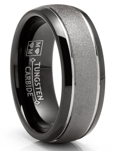 Two-Tone Sandlasted Tungsten Carbide Ring Dome Wedding Band Black Inlay 8MM