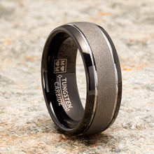 Two-Tone Sandlasted Tungsten Carbide Ring Dome Wedding Band Black Inlay 8MM