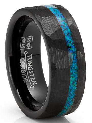 Crushed Opal Tungsten Carbide Ring Dome Wedding Band Simulated Black Inlay 8MM