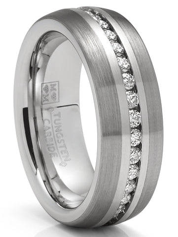 Tungsten Carbide Ring Eternity Wedding Band Dome Brushed CZ 8MM