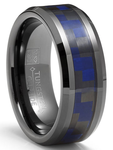 Gunmetal Tungsten Carbide Ring Black Blue Carbon Fiber Inlay Wedding Band 8MM