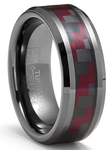 Gunmetal Tungsten Carbide Ring Black Red Carbon Fiber Inlay Wedding Band 8MM